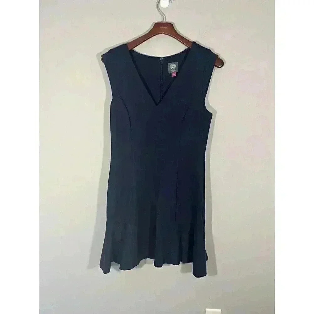 Vince Camuto Navy Blue V-Neck Flounce Hem Dress Size 10 Cap Sleeve